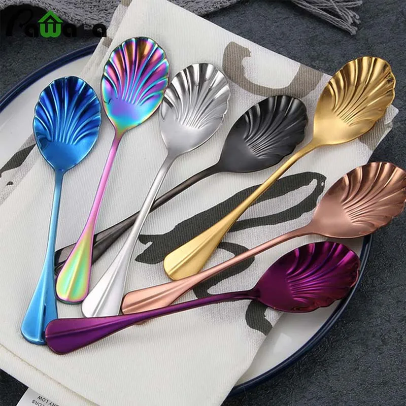 

6Pcs Shell Shape Stainless Steel Teaspoons Coffee Spoons Ice Cream Sugar Dessert Spoons Colorful Rainbow Spoons for Kitchen Bar