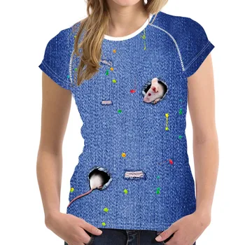 

FORUDESIGNS Denim Mouse Printed 3D Women Casual T Shirt Summer Woman Tops Short Sleeved Elastic Tees Top Clothes Bodybuilding