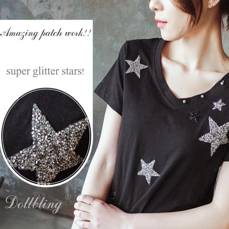 

8cm Glitter star design hotfix rhinestone motif iron on patches applique for heat transfer clothing shoe bag diy 10pcs/lot