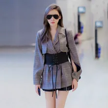 Лето осень женский уникальный дизайн шерстяной клетчатый Блейзер Дамы v-образным вырезом полые рукава с поясом костюм высокий уличный стиль
