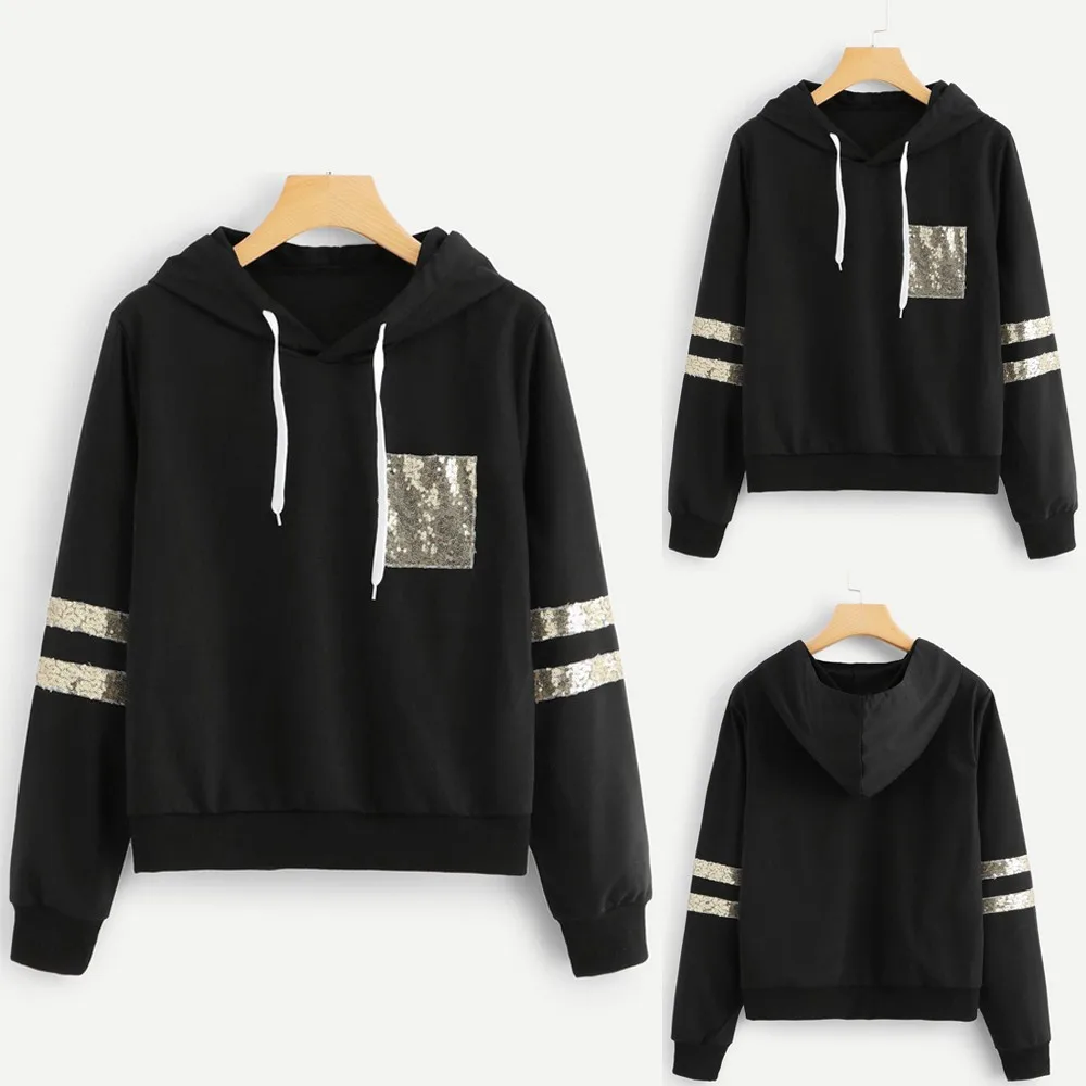

New Autumn Women Sweatshirt Long Sleeve Stripe Drop Shoulder Contrast Sequin Casual Hooded Cotton Spring Sweatshirt Blouse Top
