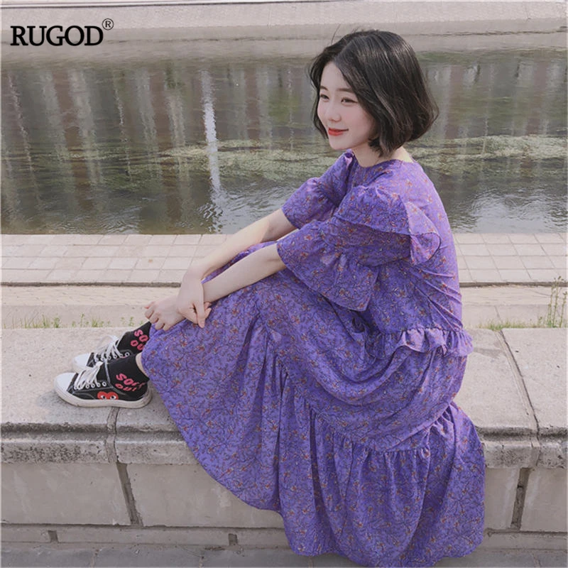 

RUGOD Fantasy purple summer dress floral loose chiffon fashionable Round neck dress female cute long dress