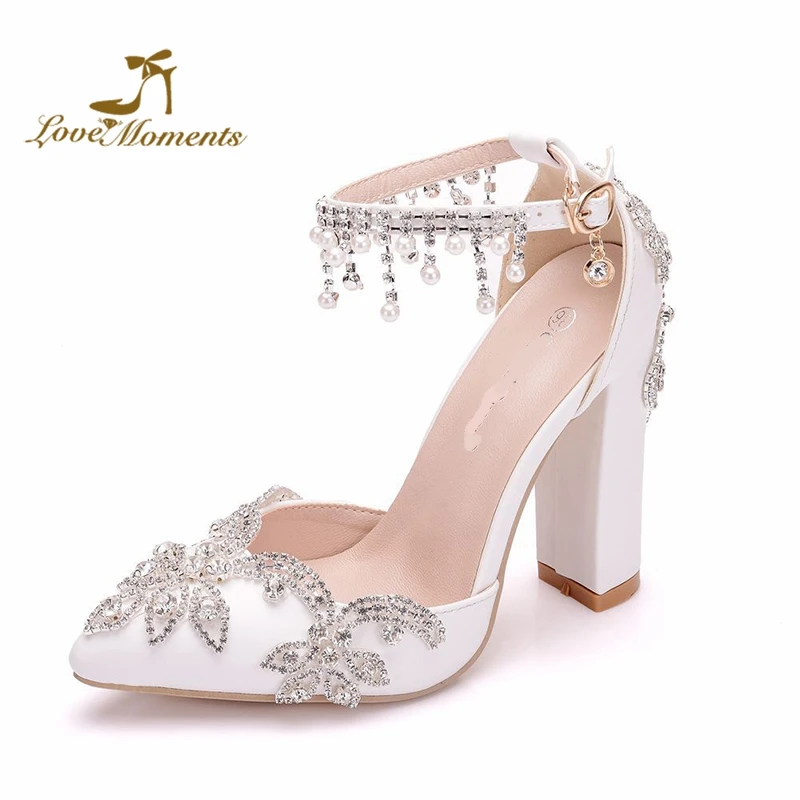 

Pointd Toe Crystal Wedding Dress Shoes White Color Block Heel Lady Dancing Shoes with Buckle Straps Wedding Bride Shoes