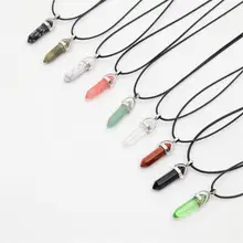 Meajoe Trendy Natural Crystal Pillar Bullet Stone Pendant Necklace Charm Leather Chain Pendants Necklaces Jewelry For Women Gift