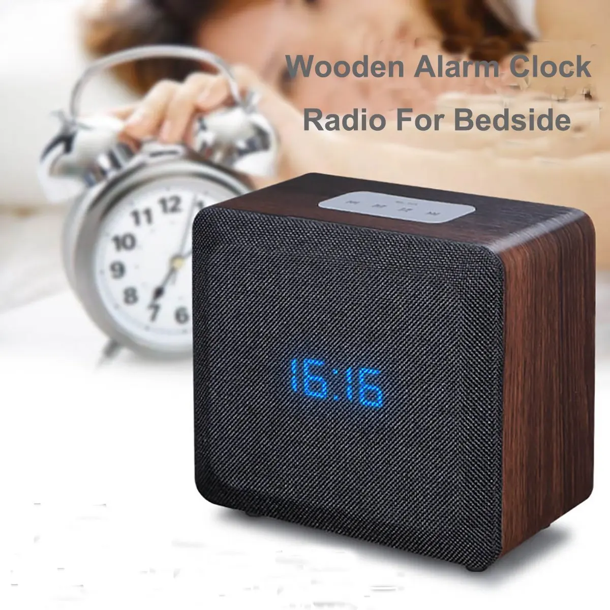 Wooden Bluetooth Alarm Clock Radio Speaker, Bluetooth Bedside Stereo