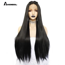 Anogol 1# черные длинные прямые 2# темно-коричневые парики для женщин термостойкие высокотемпературные волокна синтетические парики на кружеве 30"