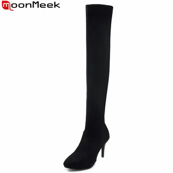 

MoonMeek 2020 fashion autumn winter boots pointed toe zip flock over the knee boots super high heels ladies boots big size 34-44