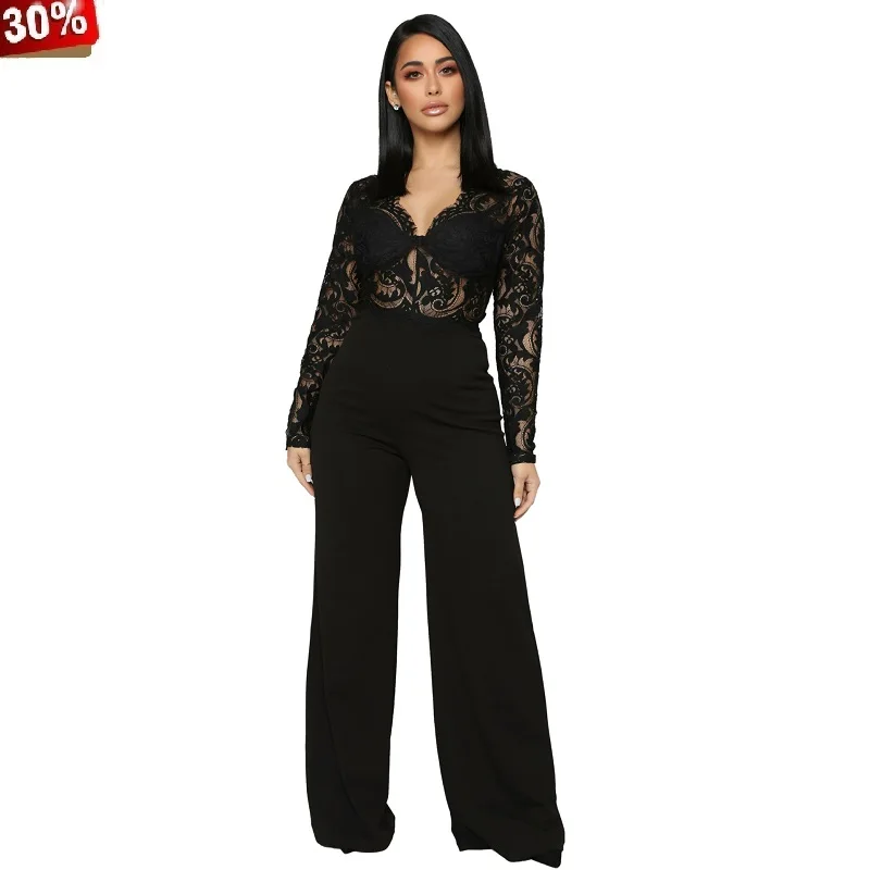 

Black Lace Jumpsuit Long Pants Women Rompers Fashion Elegant Long Sleeve Wide Leg Jumpsuit Bodycon V Neck Bodysuit Party Romper