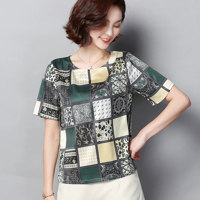 

Fashion Summer Short Sleeve Print Blouse Women Plus Size 4XL Silk Blouse Shirts Loose Womens Tops and Blouses