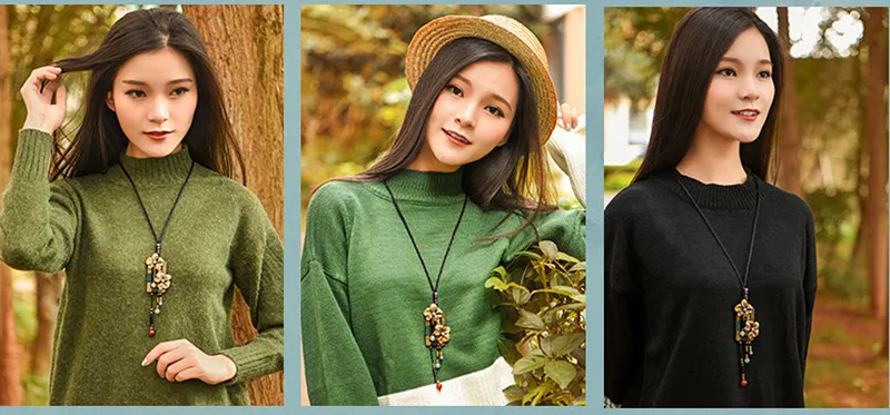 Yanting Bronze Flower Long Necklace Square Wood Vintage Necklace Aventurine Amethyst Ethnic Handmade Sweater Necklaces For Women 039