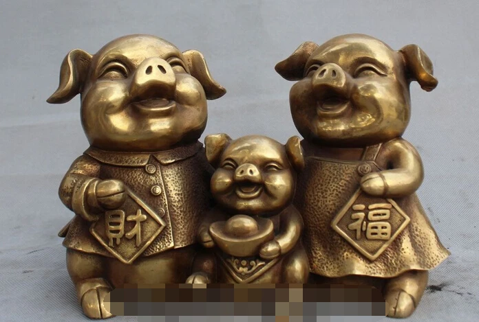 

p6691 10" Chinese Bronze Zodiac Wealth YuanBao CaiFu 3 Happy Pig Family Statue Animal