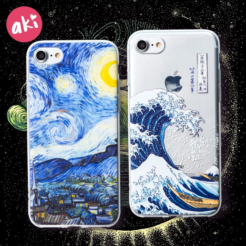 AKI Relief Phone Case for iPhone 6s 6 Plus Case Emboss Artistic Van Gogh Starry Night Soft for iPhone X iPhone 8 7 Plus Case