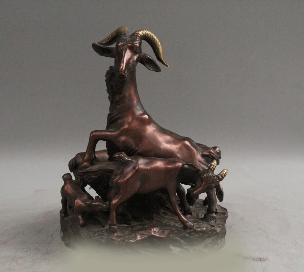 

DS 7"China Chinese Bronze Fengshui Rich Wealth Family Zodiac Year 4 Sheep Goat