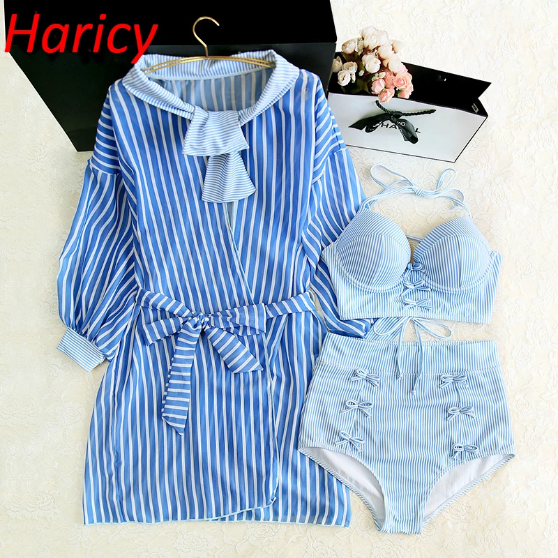 

Blue Striped Halter Bikini Swimwear Women Bowknot Swimsuit 2018 Sexy Bandage Bathing Suit Push Up Beachwear Women Swim Suit
