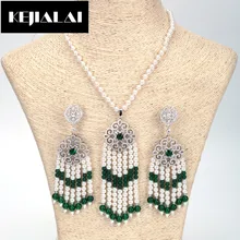 KEJIALAI New Arrival Bohemian Women Jewelry Sets Long Green Tassel Beads Necklace Beads Chain Paved Zirconia Stud Luxury Style