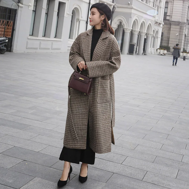 IOQRCJV Womens Autumn and Winter Woolen Jacket Warm Plaid Coat Female Long Large Size Long Sleeves Woolen Coat S105 - Цвет: Plaid