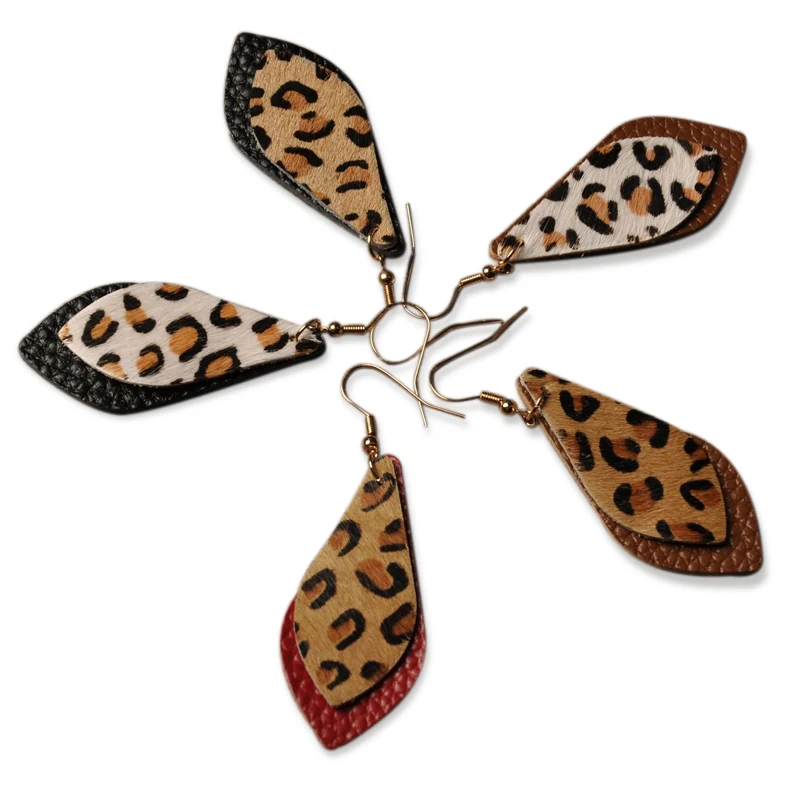 

Double Layer Leopard Pattern Drop Earrings For Women Unique Design Teardrop Shaped Horse Fur Leather Dangle Earrings Ear Jewelry