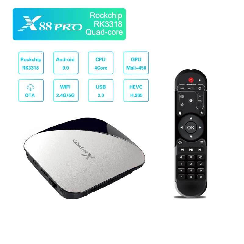 

X88 Smart TV Box Android 9.0 TV box Rockchip RK3318 Quad Core 2.4G/5G WiFi box UHD 4K VP9 H.265 Media Player Remote Control