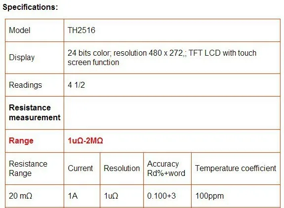 Tonghui TH2516 Высокая точность 0.05% сопротивление постоянного тока Миллиомметр тестер 1u-2M Ом компенсация температуры 4,3 ''TFT lcd USB RS233