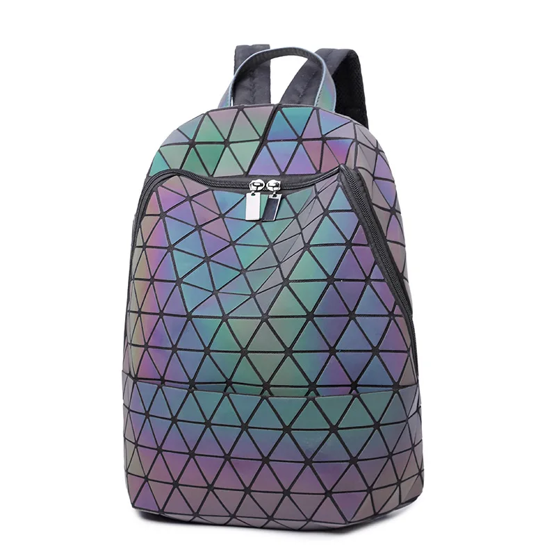 

Japan Style Laser Holographic Women Bao Night Luminous Backpack Quilted Daypack Big Bag Geometry Diamond Travel Backpacks