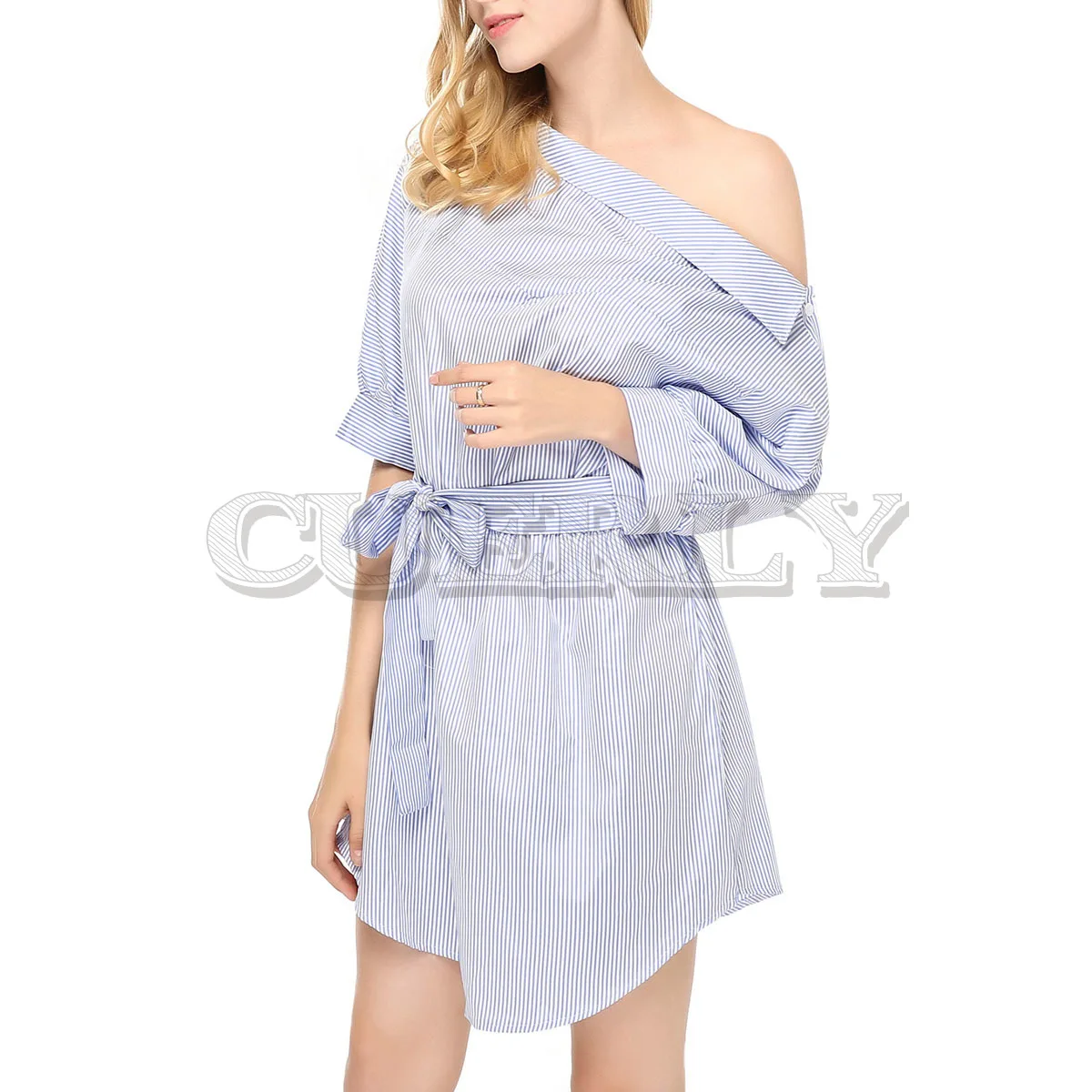 Image Cuerly Summer Women Dress Blue Striped Shirt Short Dress Mini Sexy Side Split Half Sleeve Beach Dresses 2019 Plus Size Sundress