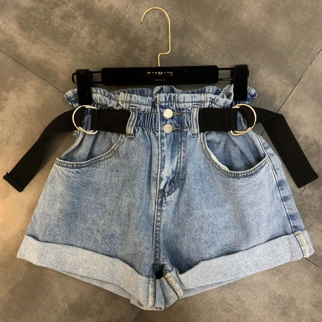 

2019 summer new elastic waist drawstring strap decoration high waist replica denim shorts
