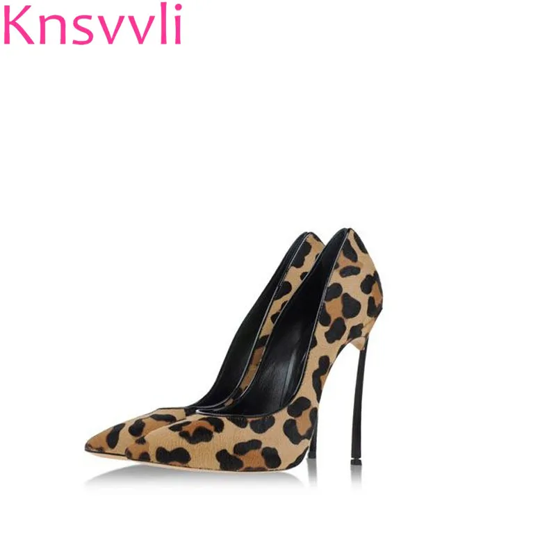 

Spring Horsehair Leopard Print Pointy Toe Stiletto Feminino Genuine Leather Shallow Mouth Sexy High Heels Women