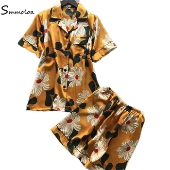 

Smmoloa Summer Short Sleeve Silk Pajamas Set Two Pieces Women Sleepwear Sexy Nightwear for Women