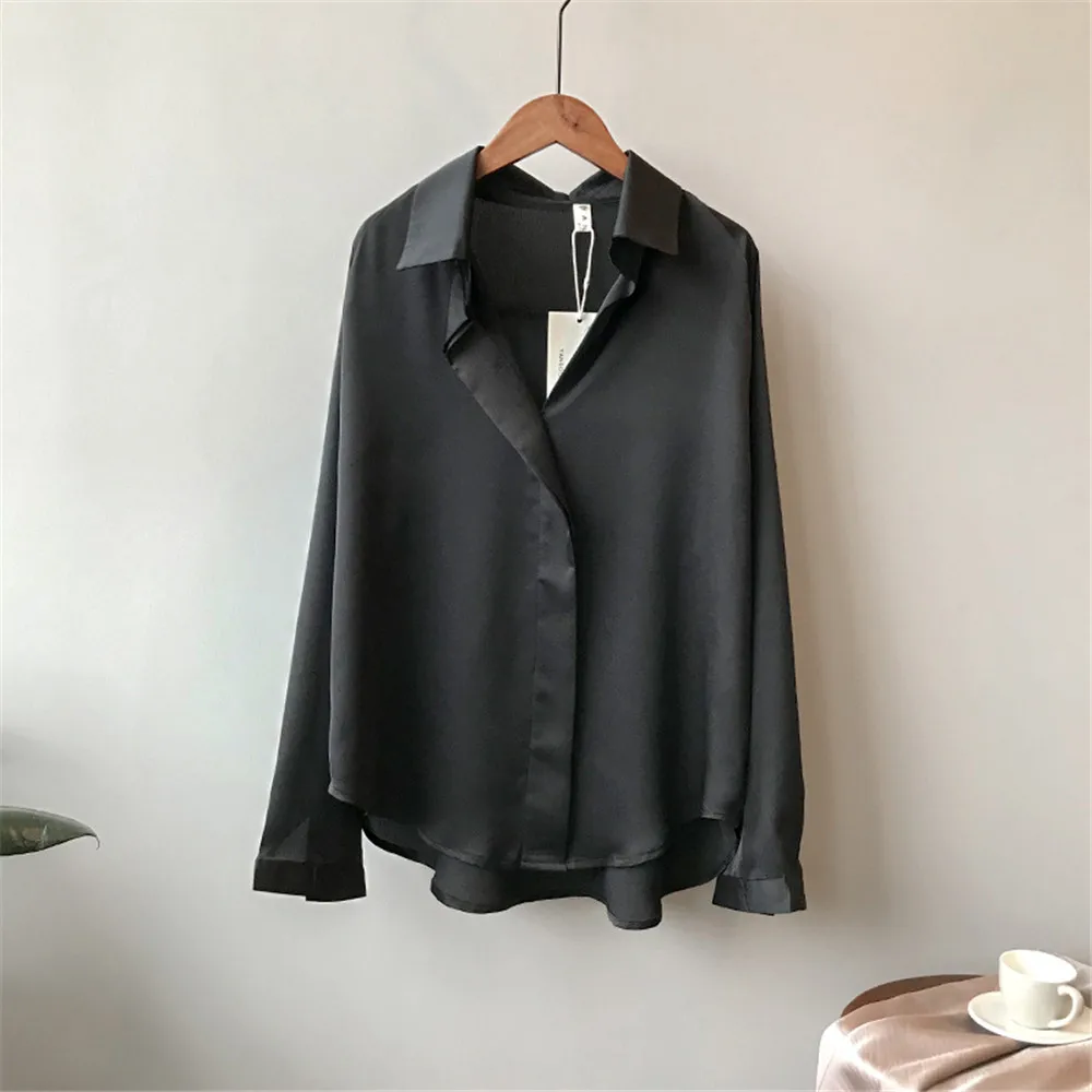 High quality Imitation Silk Blouse 2019 All Match Women Satin Blouses Office Long Sleeves Femme V Neck Loose Street Shirts 0322 (6)