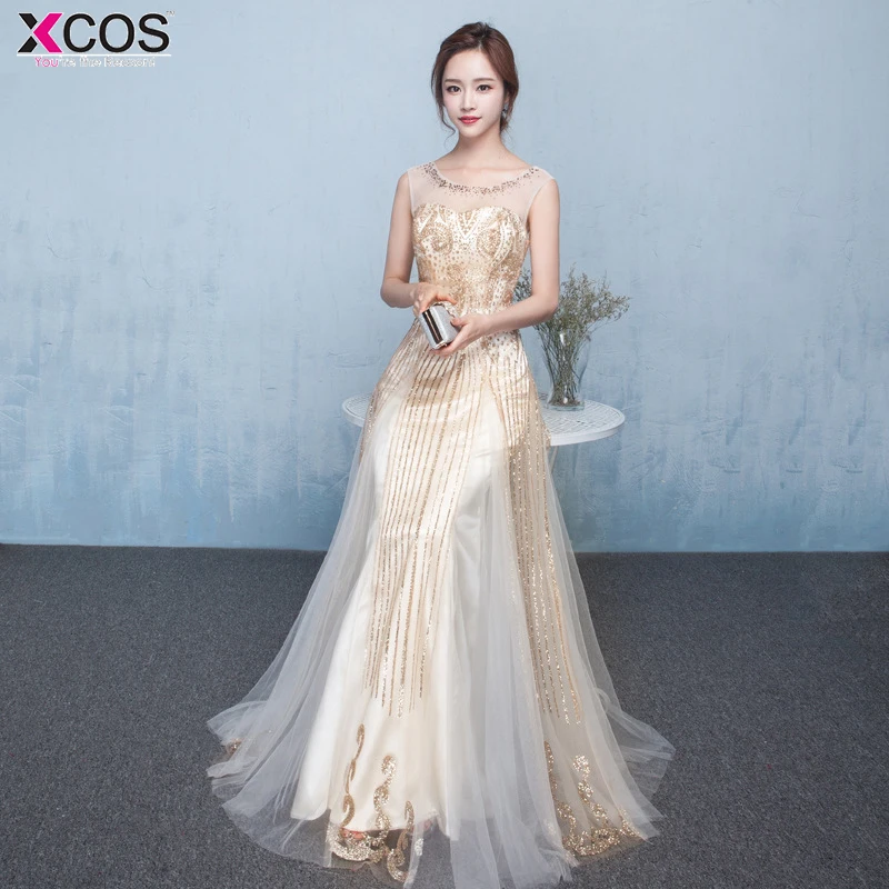 Vestidos largos Xcos женские элегантные цвета шампанского золотое платье с блестками