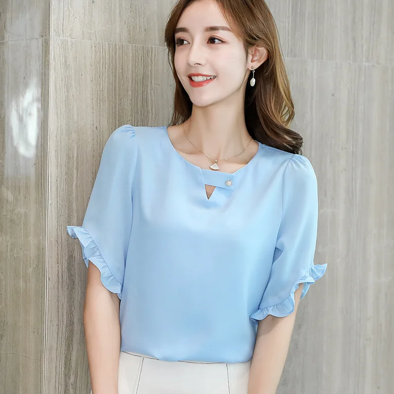 Spring Summer Chiffon Shirt Women's Fashion Pure Color Short Sleeve Thin Top Office Ladies New Korean Leisure Work Blouse H7069 4