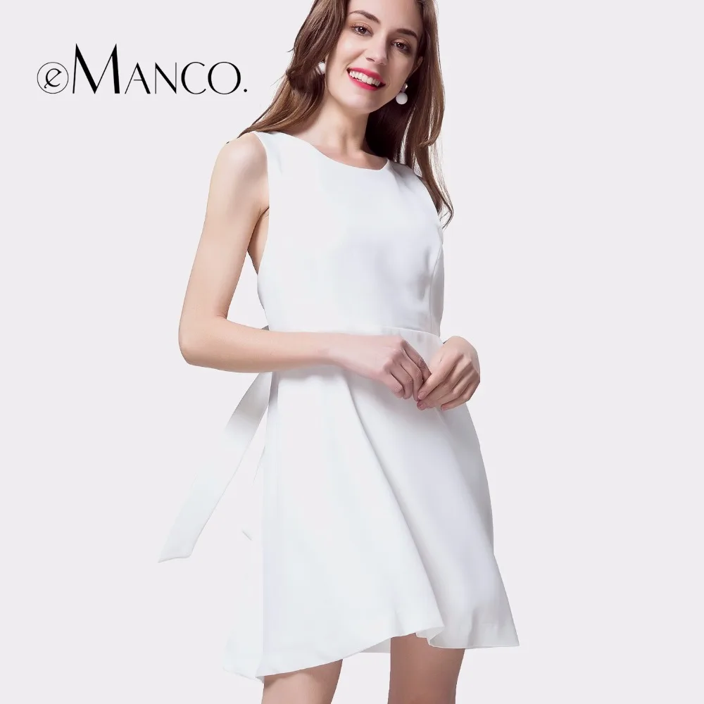 e-Manco Backless Casual Mini Elegant Sexy White dress Plus size O-Neck Sleeveless Short dress female club wear Party dress