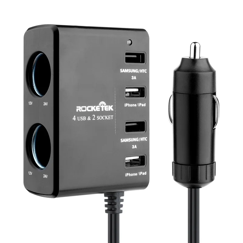 Автомобильное зарядное устройство Rocketek multi usb smart IC 4 USB 6A 2 гнезда прикуривателя аксессуары для телефона samsung Автомобильное зарядное устройство