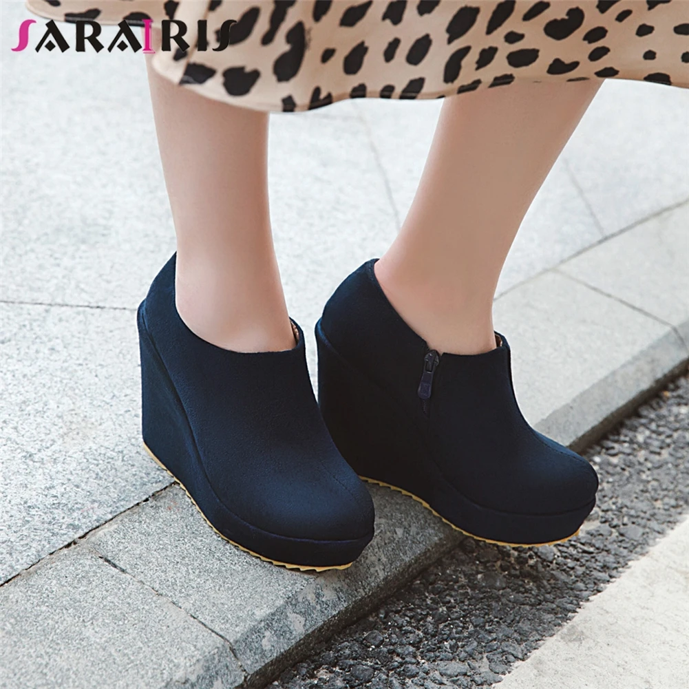 

SARAIRIS Wholesale Fashion Wedge High Heels Spring Autumn Pumps Woman Shoes Zipper Platform Black Shoes Woman Pumps Female