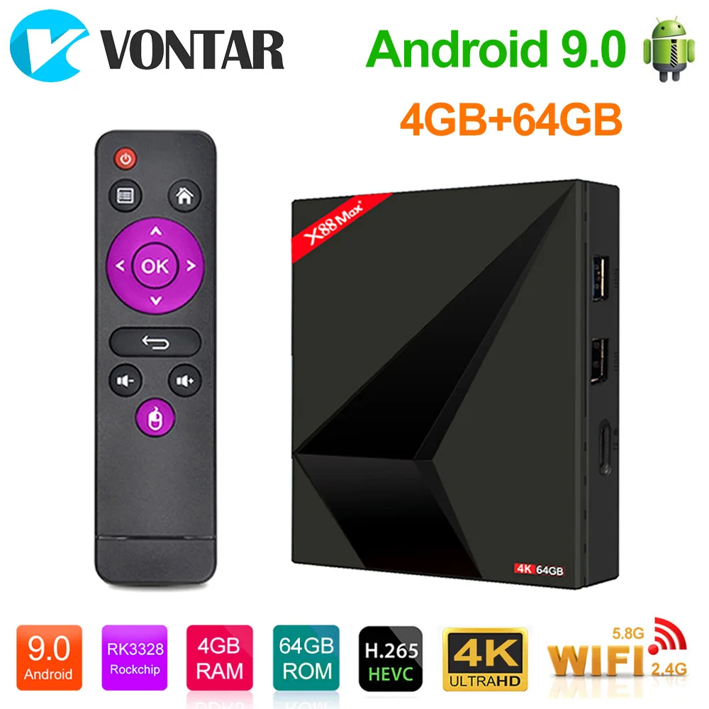 

Smart 4K Android 9.0 TV BOX X88 MAX Plus 4GB Ram 64GB Rom RK3328 Penta-Core 2.4G/5G Dual Wifi BT4.0 USB3.0 X88MAX+ Media Player