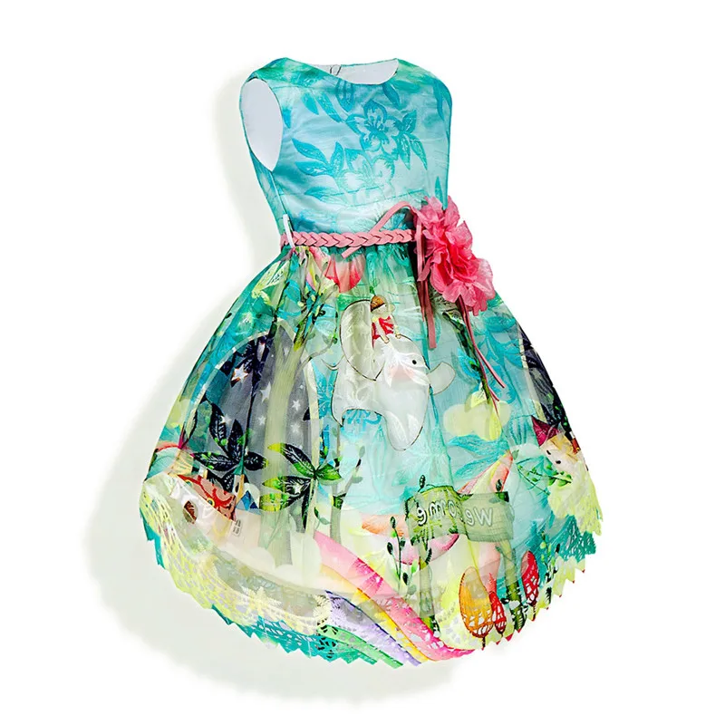 Mesh Floral Printed Children's Sleeveless Princess Dress Sexy Wavy Hem Lace Dress Free Belt Big Pink Flower Kids Dresses04