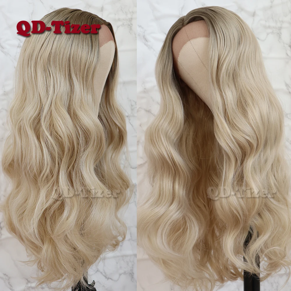 QD-Tizer волосы на кружеве парик блонд Омбре волосы коричневый корень натуральные волосы без клея синтетические парики на кружеве для женщин
