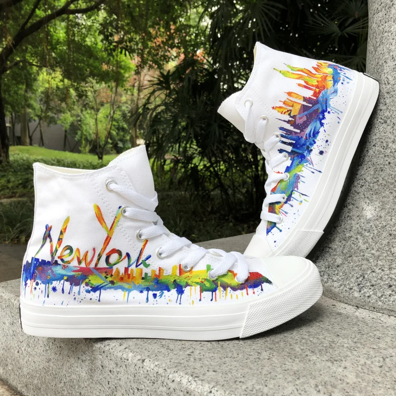 

Wen White Hand Painted Shoes Custom Design New York City Skyline Graffiti Shoes Man Woman Canvas Skate Athletic Sneakers