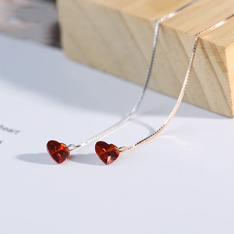 

S925 Long Ear Chain Line Drop Dangle Earrings For Women Pendant Red Zircon Love Heart 925 Sterling Silver Eardrop Ladies Jewelry