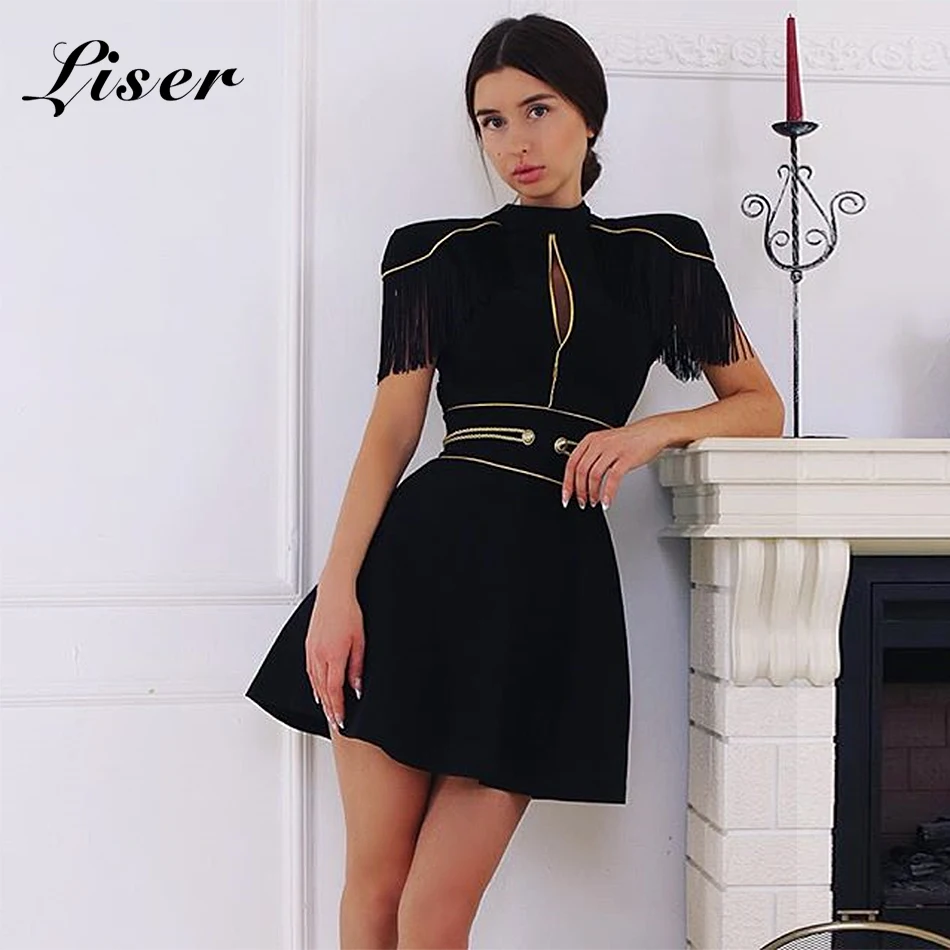 Liser New Summer Women Dress Turtleneck Tassel Bandage Dress Sexy Bodycon Elegant Evening Party Black Mini Dresses Vestidos