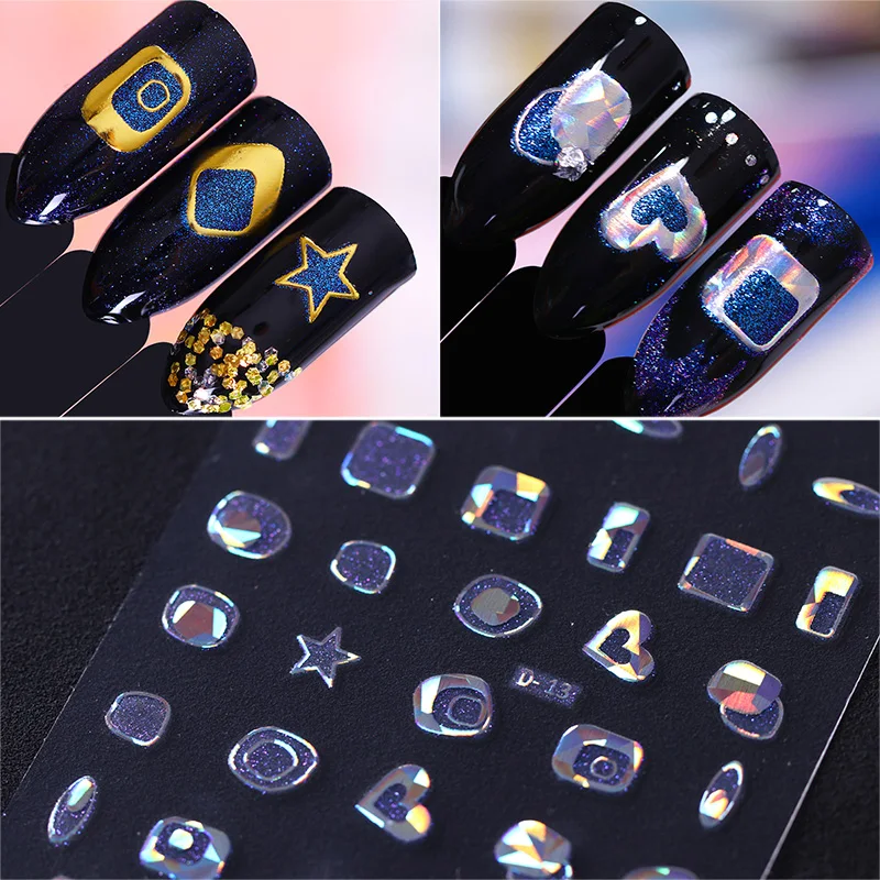 

2 Sheets Gold Silver Holographic 3D Nail Sticker Star Heart Circle Oval Adhesive Nail Art Decal Sticker