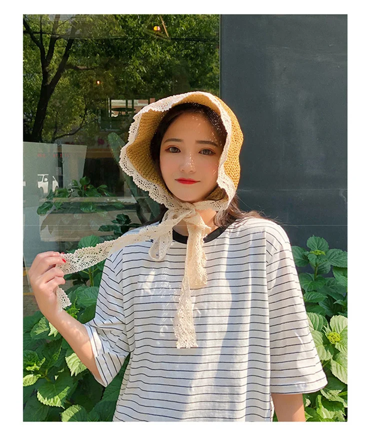 2018 Hot Sale French Mori Girl Style Lace Sunshade Straw Hat Summer Take a Holiday Windproof Beach Hat ACA31 (6)