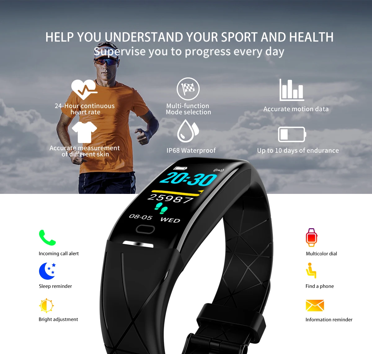 KAIHAI Фитнес Смарт-браслет монитор сердечного ритма браслет трекер активности smartband секундомер IP68 Водонепроницаемые часы
