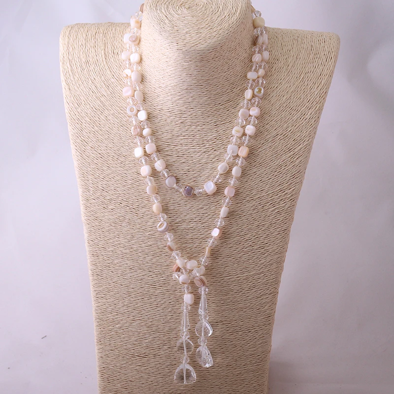

Free Shipping Fashio Long Knotted Halsband Gray Color Crystal and Shell Pendant Necklace
