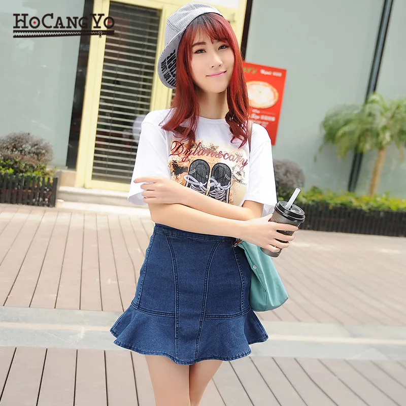 HCYO Women Denim Skirts Summer Empire Stretch Sexy Jeans Skirts Plus Size Women Blue Jupe Ruffles Mini A-line Denim Skirts Jeans Skirts