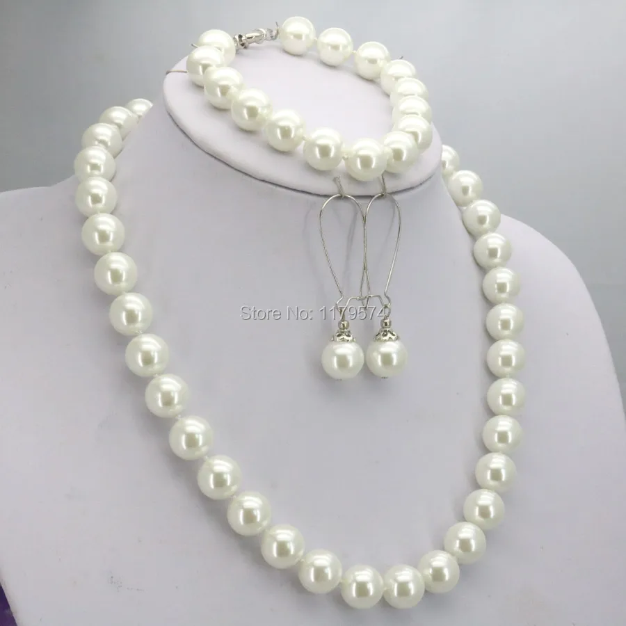 Women Girls 10mm White Round Shell Pearl Beads Necklace Bracelet Earrings Sets Jewelry - Image 2