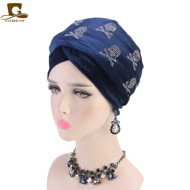 

Fashion Women Luxury Long Velvet Turban Head Wraps Hijab Head Scarf Turbante Bandanas Skull Pattern African