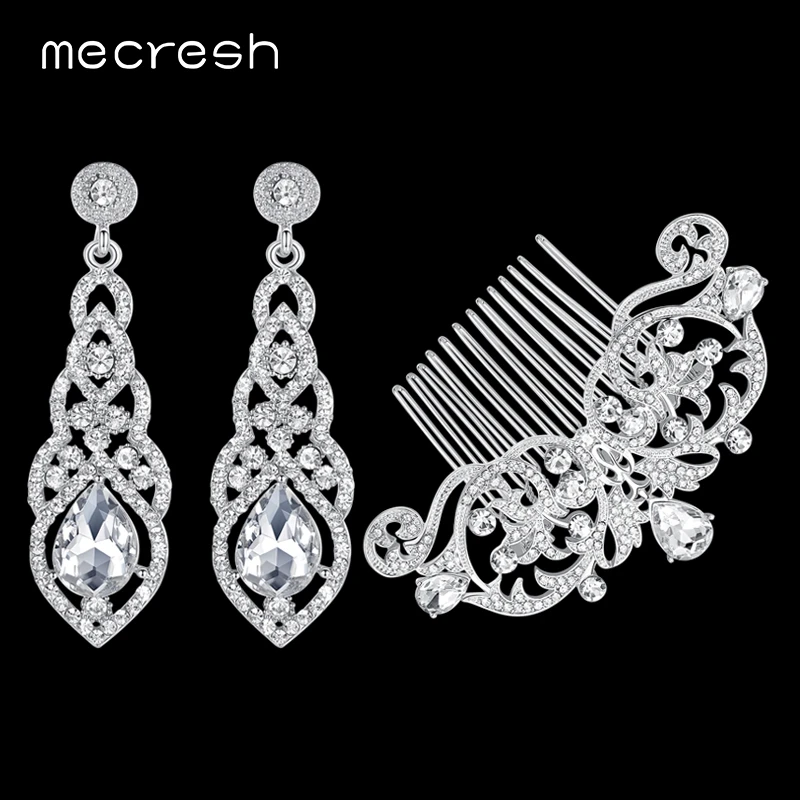 

Mecresh Teardrop Crystal Wedding Bridal Sets Clear Comb Earrings Sets for Women 2017 Summer Fashion Jewelry Jewelry EH444+FS116
