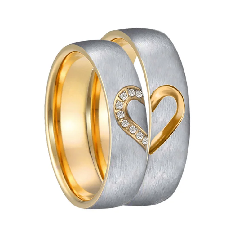 Bicolor Heart love Female Male Couple wedding rings men fashion jewelry gold color Engagement Women Rings (1)