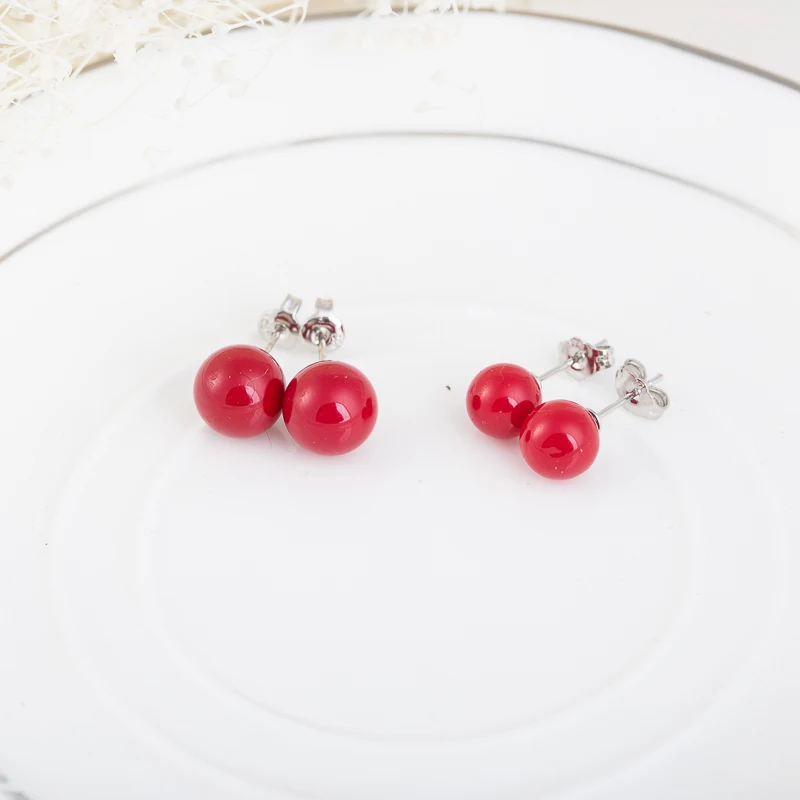 

2016 New Red Coral Earrings Round Ball Natural Stone Wedding Jewelry Crystal Cubic Zirconia Pendientes Coral Rojo Stud Earrings